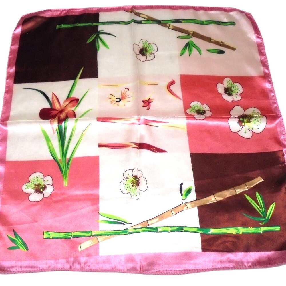 Vintage Scarf 19" Square Satin pink floral neckerchief retro summer
